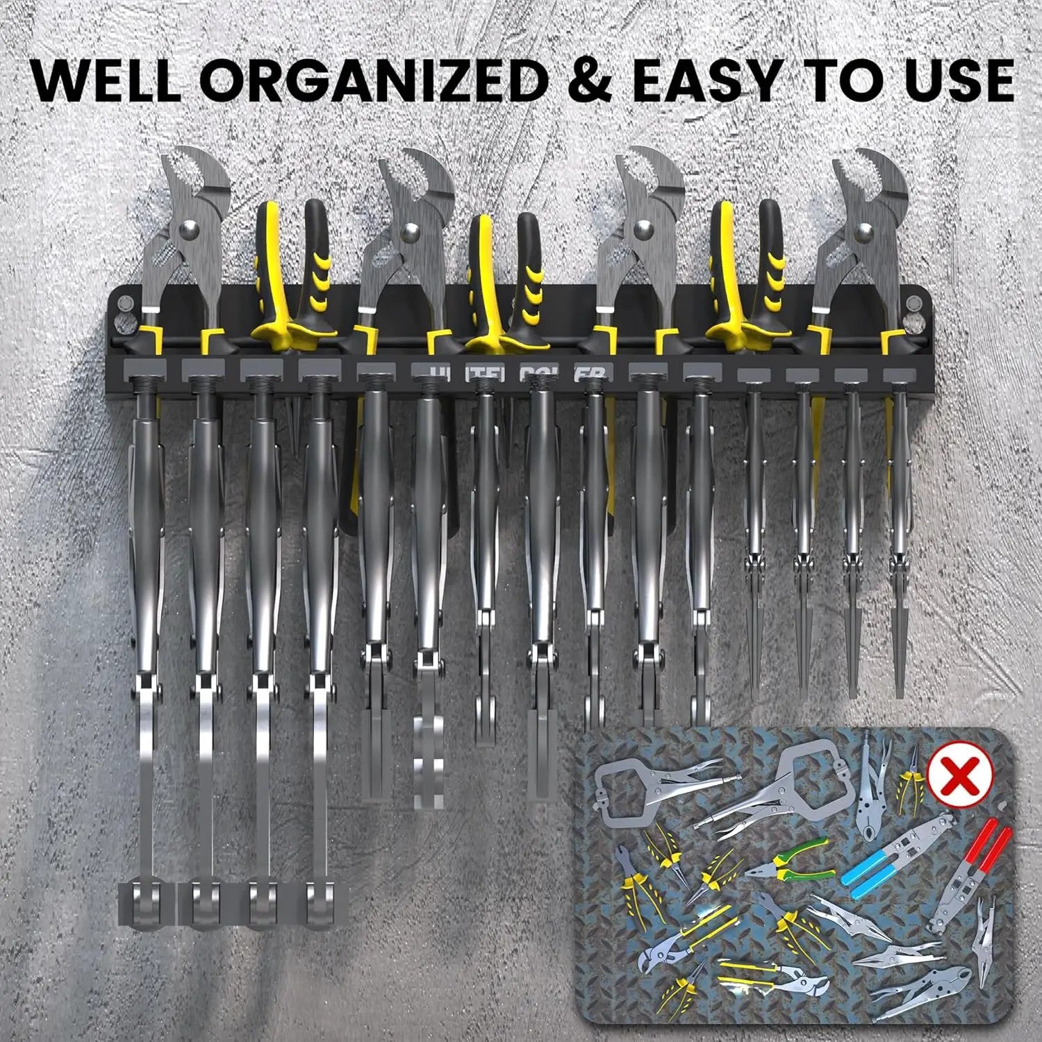 UNITEDPOWER Vise Grip Holder, Wall Mount Pliers Storage Rack Organizer for Workshop, Shed, Garage, Stores up to 15 Vises or 11 Pliers by GreenHaven Gardens