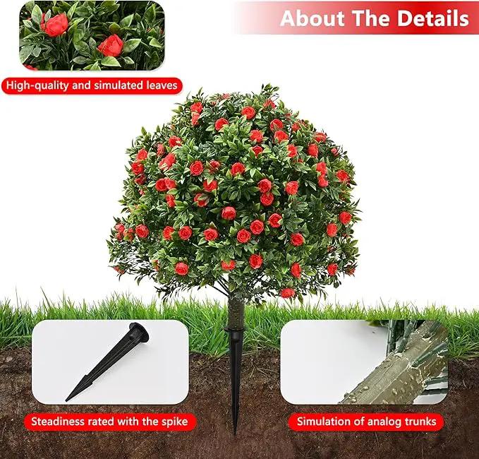 28" Artificial Boxwood Topiary Tree with Rose, Set of 2 Artificial Shrub Bushes with Ground Spike, Fake Evergreen Tree for Porch, Artificial Plants for Outdoor Planters Indoor UV Resistant by GreenHaven Gardens