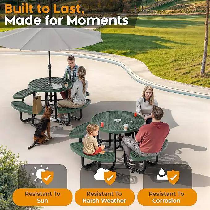 Metal Picnic Tables for Outdoors with Umbrella Hole - Coated Steel Heavy Duty Commercial Grade Table with Adjustable Seats (Green, 38 in, Round, Expanded Steel) by GreenHaven Gardens