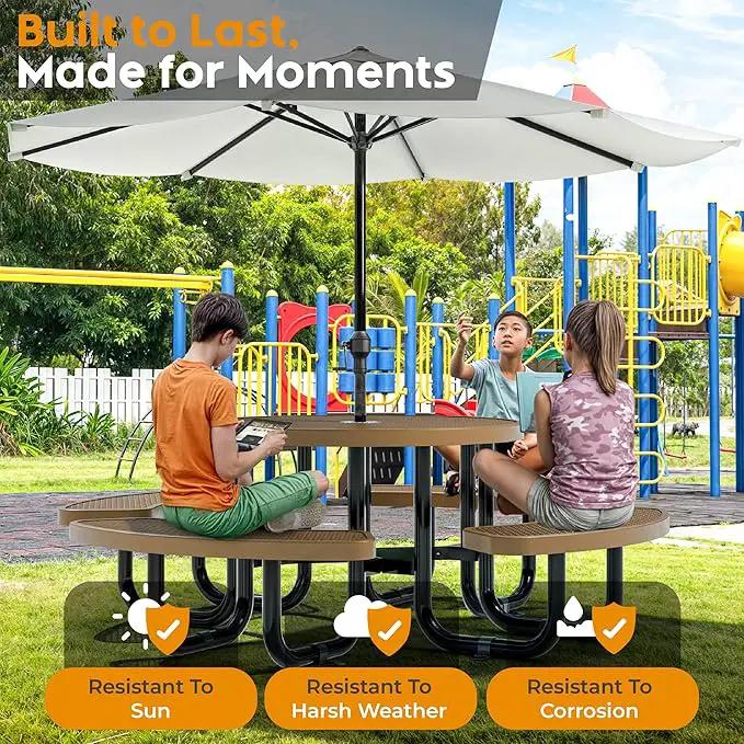 Metal Picnic Tables for Kids for Outdoors with Umbrella Hole - Coated Steel Heavy Duty Commercial Grade Table with Adjustable Seats (Brown, 38 in, Kids, Expanded Steel) by GreenHaven Gardens