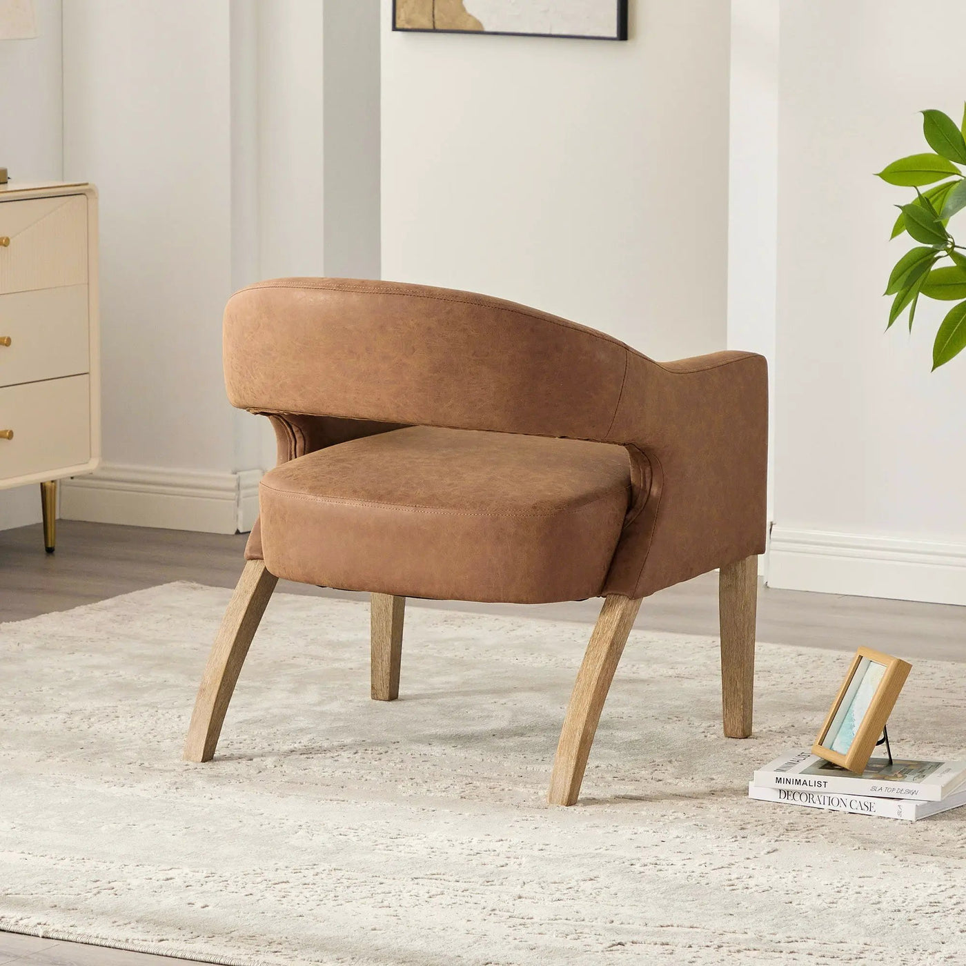 Upholstered Open Back Armchair With Weathered Rubberwood Legs by Unique Piece Furniture