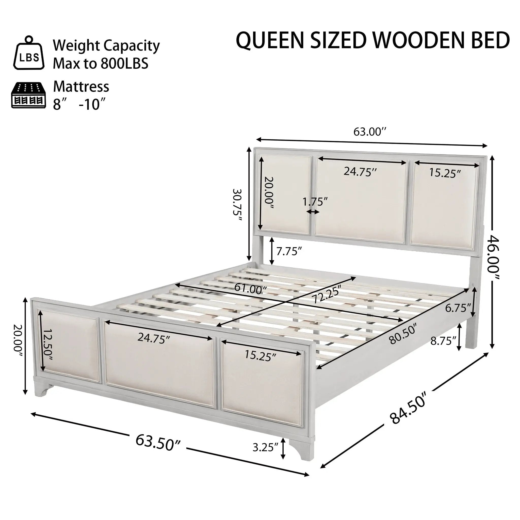 Queen Size Wooden Bed Frame with Upholstered Headboard by HouseOfZazla