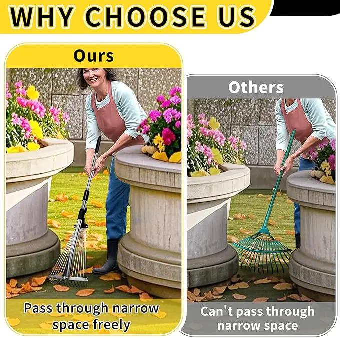 Garden Rake for Leaves,Heavy Duty Metal Adjustable Leaf Rake for Lawns,Long Handle 33"-69" with Expandable Head 8"-15",Garden Tools for Yard Lawn Shrub Garden Beds by GreenHaven Gardens