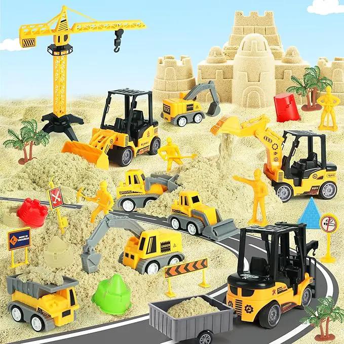 Sand Construction Site Kit - 37 Pcs Play Sand Art Kit with 8 Construction Trucks, Folding Sandbox, 2.2 lbs Magic Sand, Crane, Worker, Road Signs, Molds, Shovel - Ideal Toys for Boys Girls Age 3+ by GreenHaven Gardens