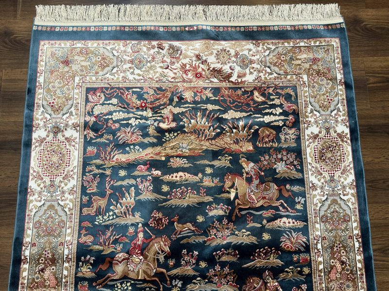 Turkish Silk Hunting Design Rug 4x6, Dark Steel Blue & Ivory, Bamboo Silk, New by Jewel Rugs