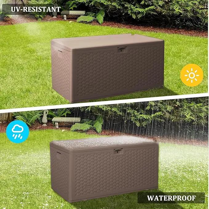 73 Gallon Outdoor Storage Box - Waterproof Resin Deck Box for Patio, Pool & Garden, Lockable Outdoor Cushion Storage & Delivery Boxes for Outside, UV-Resistant, Rich Brown by GreenHaven Gardens