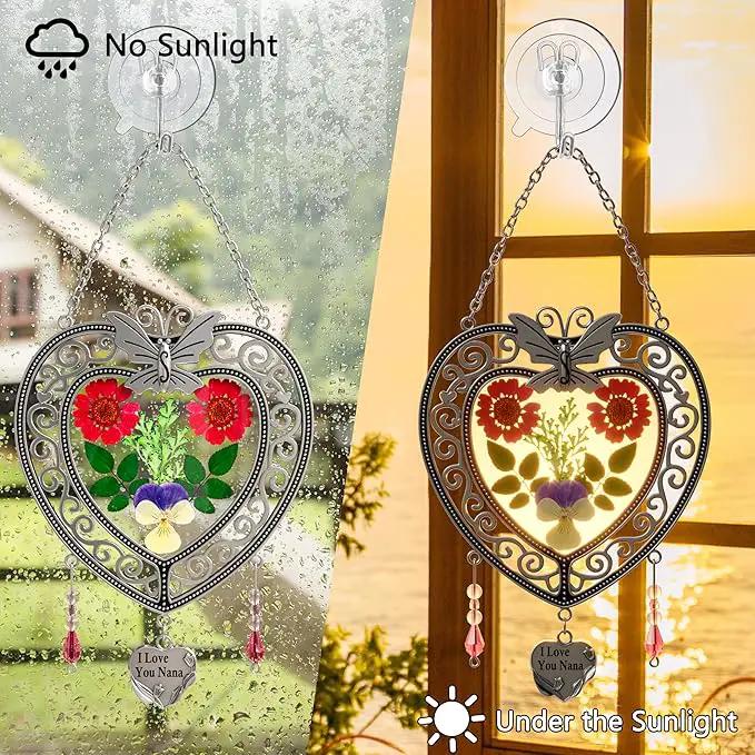 KY&BOSAM Heart Suncatchers I Love You Nana Tree of Life Stained Glass Panels Hangings for Windows Wind Chime Home Garden Outside Decor with Pressed Real Flower Heart in Glass Birthday Gifts for Women by GreenHaven Gardens