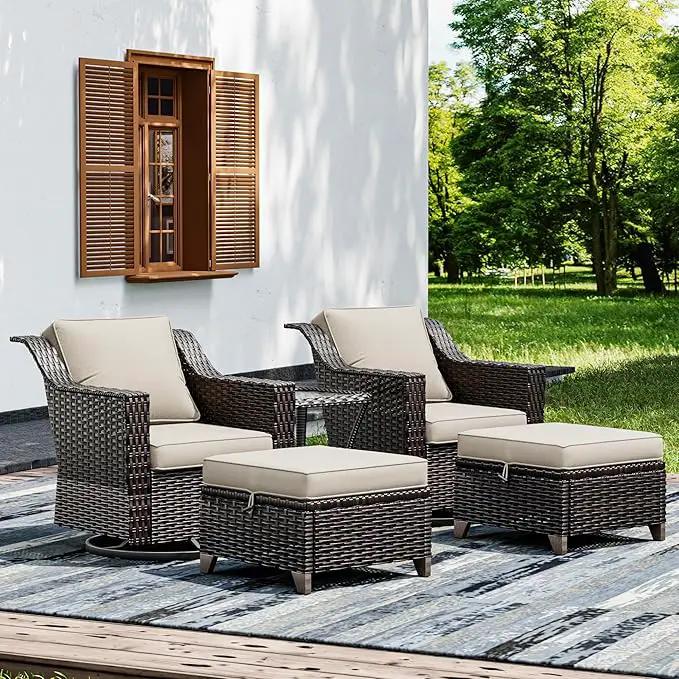 Joyside Wicker Patio Furniture Sets, 5 Pieces Upgraded Large Size Outdoor Furniture with Swivel Rocking Patio Chairs, Outdoor Ottoman and Side Table, Thick Cushions, Wide Armrest by GreenHaven Gardens