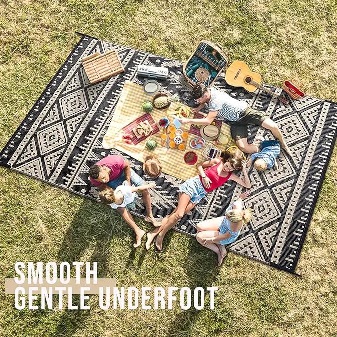 OLANLY Outdoor Rug Waterproof 9x18 ft, Reversible Outdoor Plastic Straw Rug, Boho Patio Rug, Indoor Outdoor Carpet, RV Mat Outside for Patio, Camp, Picnic, Balcony, Deck, Backyard, Black & Beige by GreenHaven Gardens