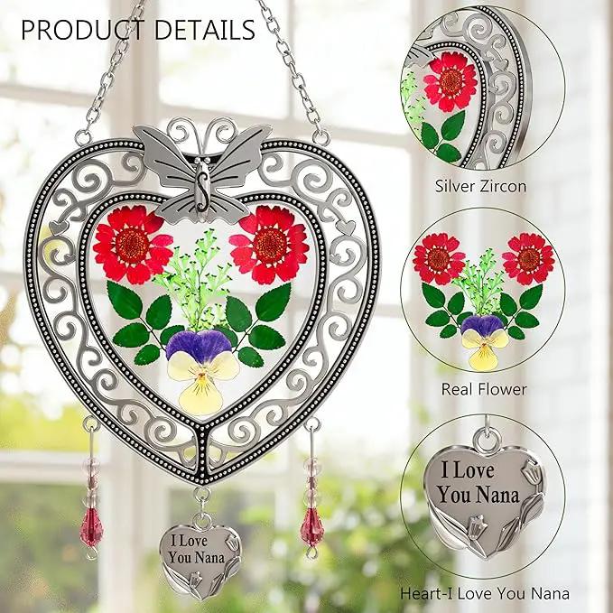 KY&BOSAM Heart Suncatchers I Love You Nana Tree of Life Stained Glass Panels Hangings for Windows Wind Chime Home Garden Outside Decor with Pressed Real Flower Heart in Glass Birthday Gifts for Women by GreenHaven Gardens