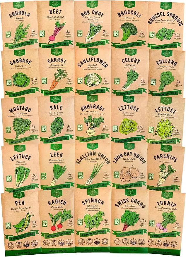 Organo Republic 25 Winter Vegetable & Green Seeds Variety Pack for Outdoors & Indoor Home Gardening 27670+ Non-GMO Heirloom Seeds: Broccoli Beet Carrot Collard Lettuce Radish Spinach Pea Kohlrabi by GreenHaven Gardens