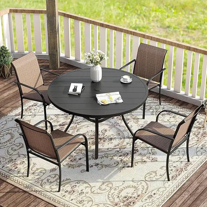 VICLLAX 5 Pieces Patio Dining Set for 4, Outdoor Furniture Set Includes 40.7" Round Patio Table and 4 Patio Stackable Chairs, Black Tabletop and Brown Fabric by GreenHaven Gardens