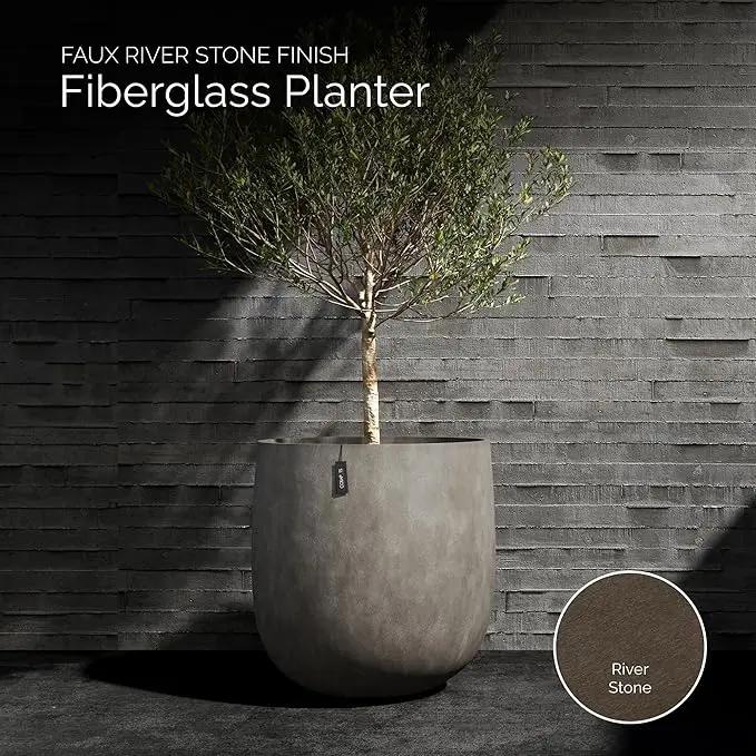 Mondo Large Planter – River Stone Finish – Fiberglass Indoor/Outdoor and Weather-Resistant Round Planter (19.7" D x 19.1" H Exterior, 18.5" D x 18.5" H Interior) by GreenHaven Gardens