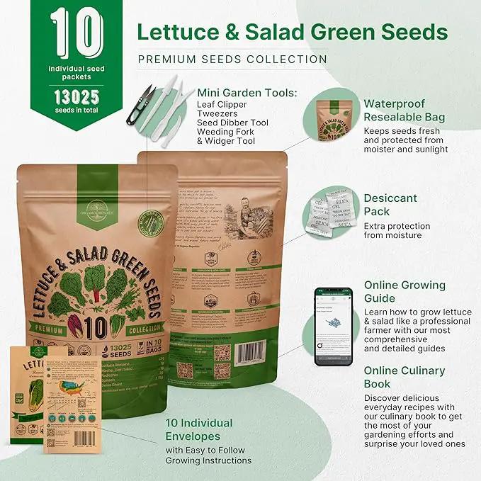 Organo Republic 10 Lettuce & Salad Greens Seeds Variety Pack 13000+ Non-GMO Heirloom Lettuce Seeds for Planting Indoors & Outdoors Garden, Hydroponics - Arugula, Radicchio, Kale, Spinach, Swiss Chard by GreenHaven Gardens