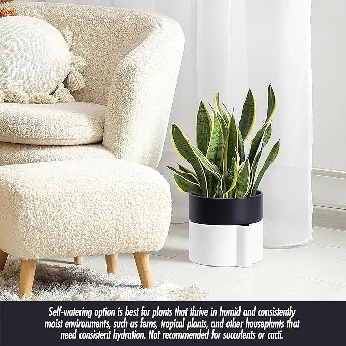 8 Inch Self-Watering Planter Pot with Terracotta Insert, Deep Water Reservoir, and Ceramic-Alike BPA-Free Plastic Planter Pot for Plant, Modern Planter for Houseplants, White/Black, 53-B-T-4 by GreenHaven Gardens