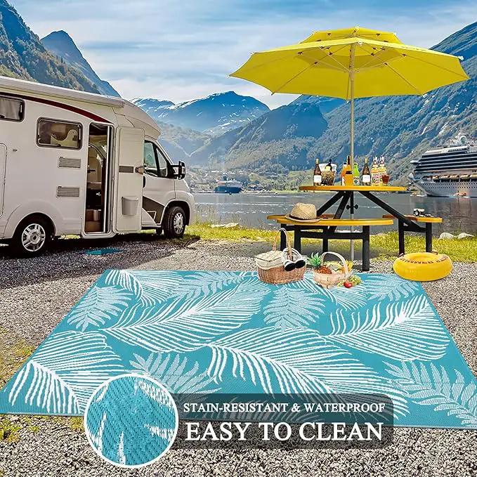 Pauwer Waterproof Outdoor Rug 9x12, Reversible Plastic Straw Patio Camping Rug, Indoor Outdoor RV Mat Carpet for Deck, Camper, Porch, Balcony, Backyard, Picnic, Leaf Teal by GreenHaven Gardens