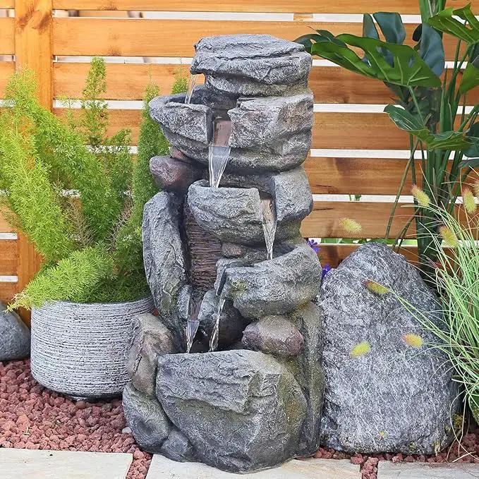 Water Features Outdoor Patio 6-Tier Cascading Rock Water Fountain 31.5''Water Fall Fountain Outside Resin Fountain with Light Mossy Rock Floor Garden Fountain Indoor for Relaxation Home Decor by GreenHaven Gardens