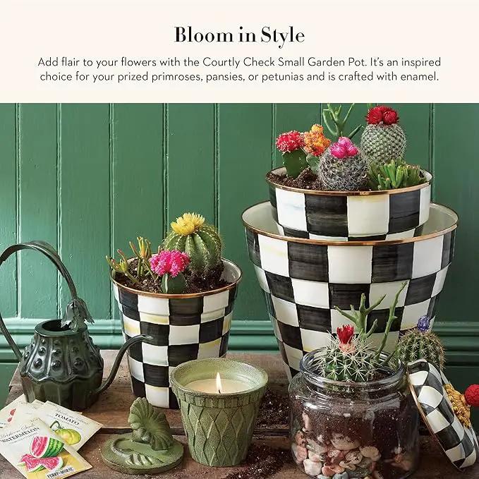 MACKENZIE-CHILDS Enamel Garden Pot, Planting Pot for Plants and Flowers, Small, Black-and-White Courtly Check by GreenHaven Gardens