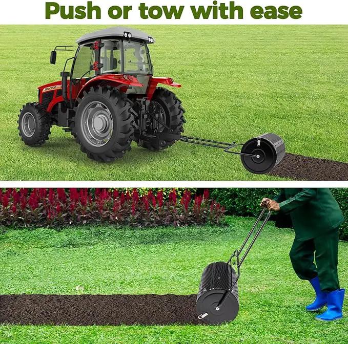 Outvita Compost Spreader and Peat Moss Spreader, 24" Push/Tow-Behind Roller Lawn Spreader with Steel Mesh Basket Garden Spreader for Spreading Manure Mulch Topsoil by GreenHaven Gardens