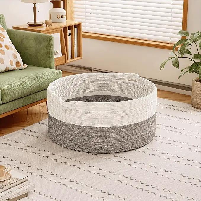 125L Extra Large Blanket Basket, 25" x 16", Jumbo Laundry Woven Baskets Decorative Home, Cotton Rope Basket with Handles, Baby Toy Baskets for Storage, White & Gray by GreenHaven Gardens