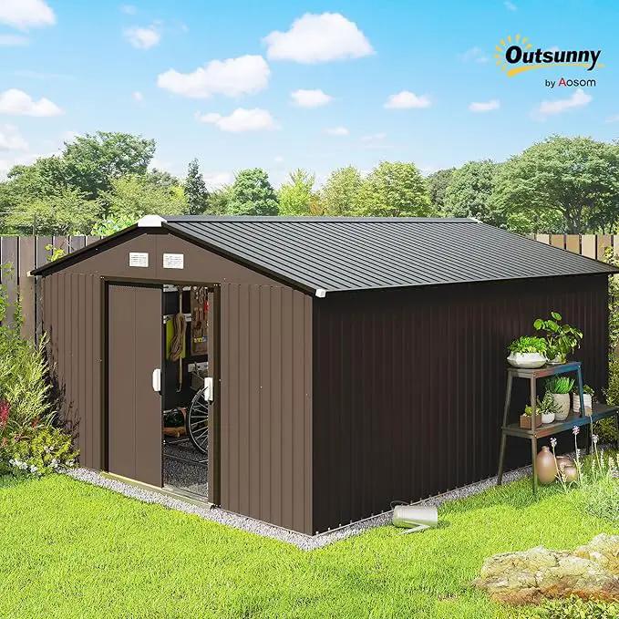 Outsunny 11' x 13' Outdoor Storage Shed, Garden Tool Metal Shed with Foundation Kit, Double Lockable Door, Air Vents and Sloping Roof, for Backyard, Patio, Lawn, Brown by GreenHaven Gardens