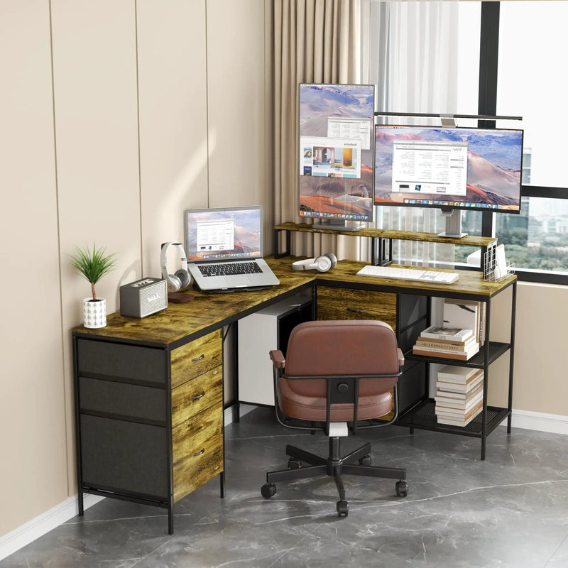 Industrial L Shaped Computer Desk With Power Outlets & USB-C, 6 Fabric Drawers, 3 Open Shelves, Movable Monitor Stands - Brown by HouseOfZazla