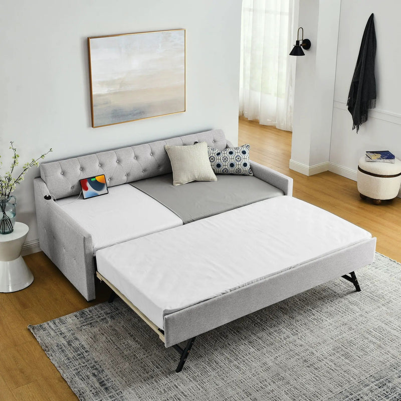 Size Upholstered Daybed With Trundle And USB Charging Armrest by Unique Piece Furniture