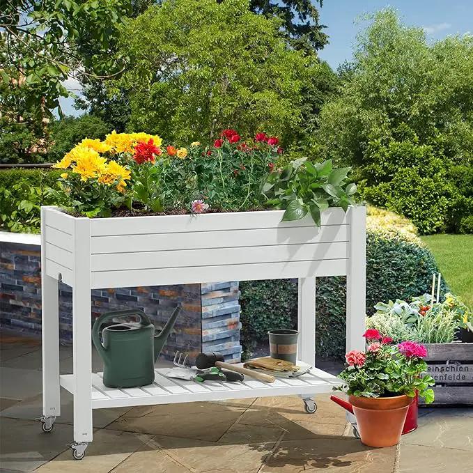 YITAHOME 3.6x1.5x2.8 FT Elevated Garden Bed Kit with Legs and Wheels, Outdoor Large Resin Planter Box Stand with Drain Plug and Storage Shelf for Plants Vegetables Fruits, Grayish-White by GreenHaven Gardens