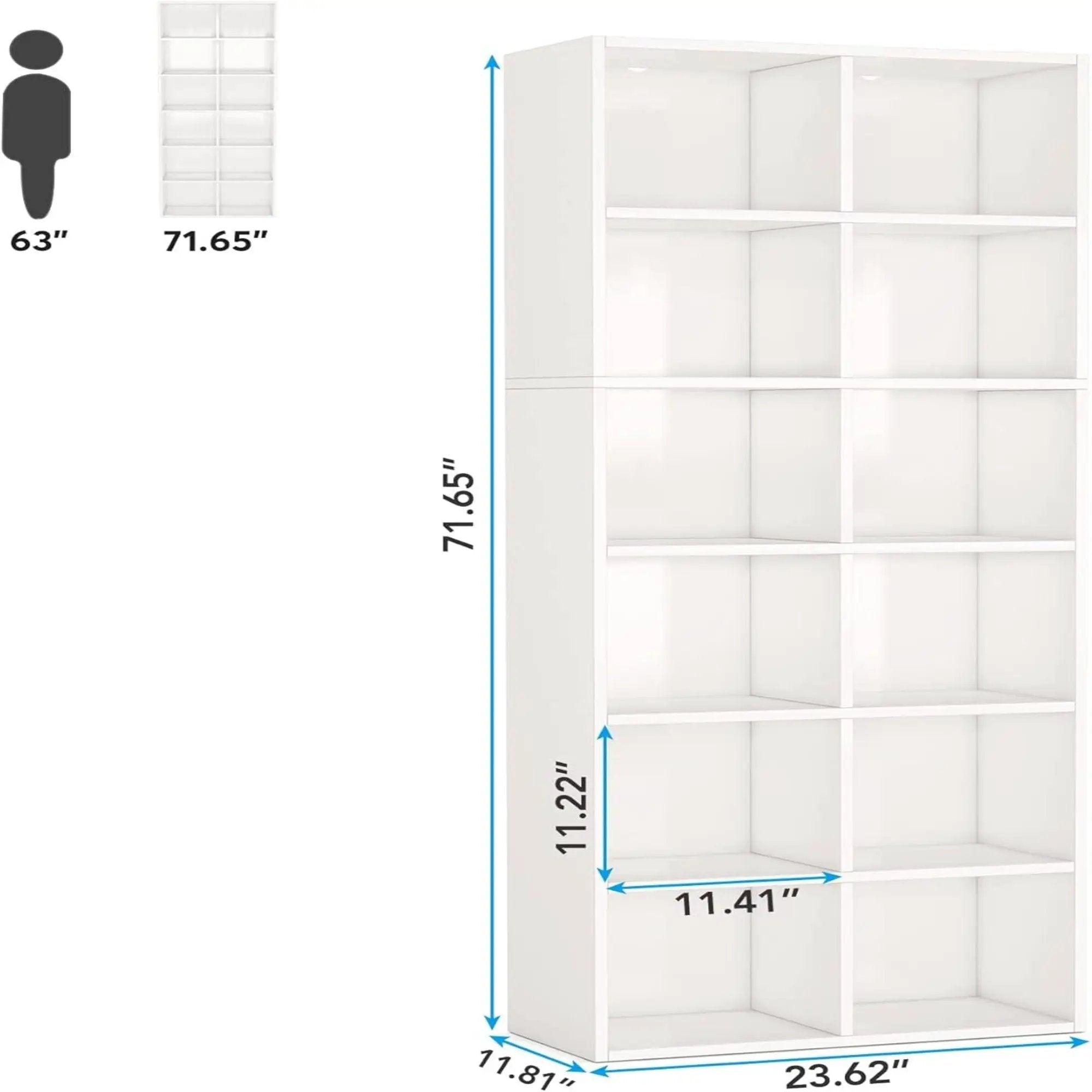Narrow 12 Cube Bookcase With Closed Back For Living Room - White