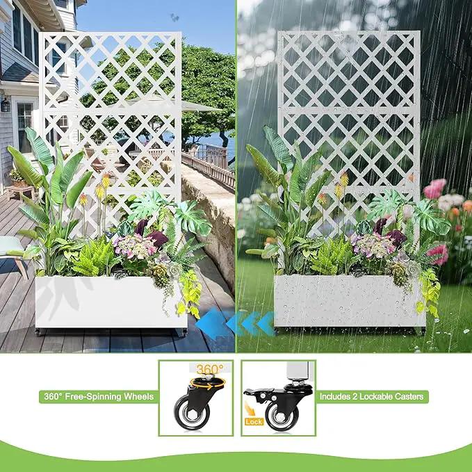 Metal Planter Trellis Box with Wheels & Drain Plug Outdoor Raised Garden Bed Patio Privacy Screen with Planter for Climbing Plants, Vegetables 73"x35"x16" White-Diamond by GreenHaven Gardens