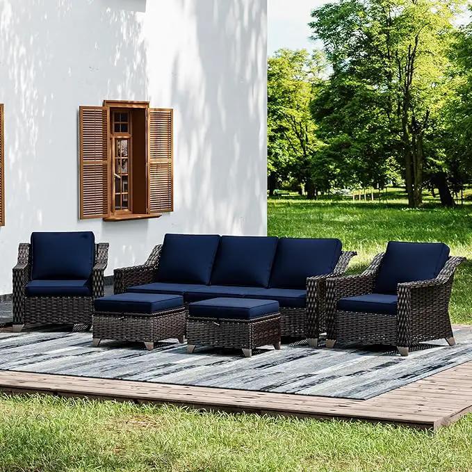 Joyside Wicker Patio Furniture Sets, 5 Pieces Upgraded Large Size Outdoor Furniture with Patio Dining Chairs, 3-Seat Sofa and Outdoor Ottoman, Thick Cushions, Wide Armrest by GreenHaven Gardens