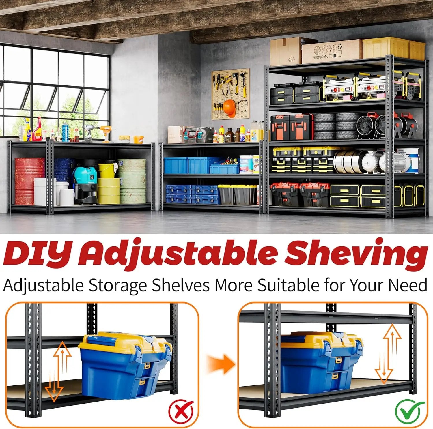 48"W Garage Shelving, 3050LBS Storage Shelves heavy duty, 5 Tier Metal Shelving Unit Adjustable Garage Shelves Heavy Duty Shelving for Warehouse,Commercial, Kitchen, 48" W × 24" D × 72" H, Black，2PCS by GreenHaven Gardens