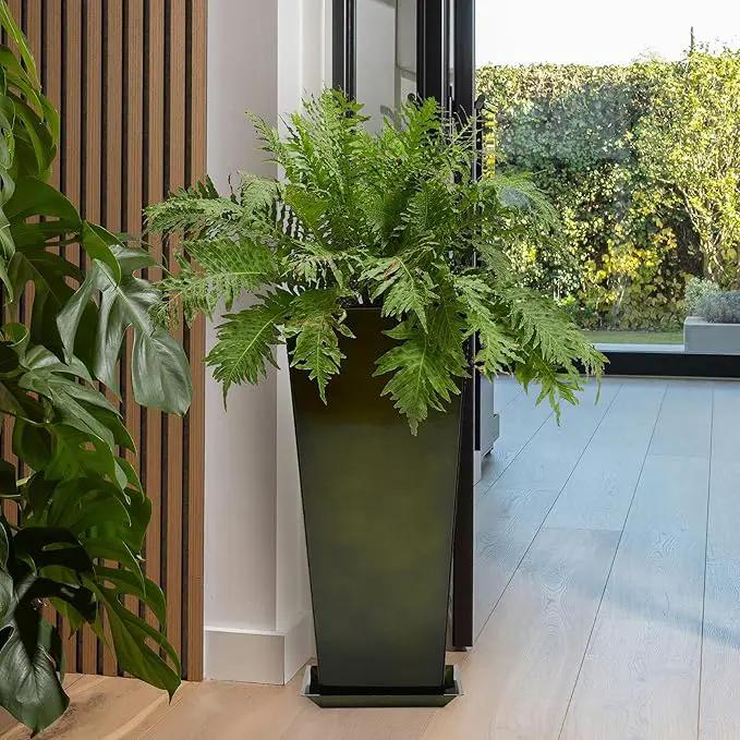 WORTH Garden 28" Large Metal Glazed Planter Set of 2, Luxurious Glossy Finish Green Tall Square Tapered Steel Plant Pots, Decor Flower Pot Indoor & Outdoor, Drainage Hole & Dual-Purpose Plant Saucer by GreenHaven Gardens