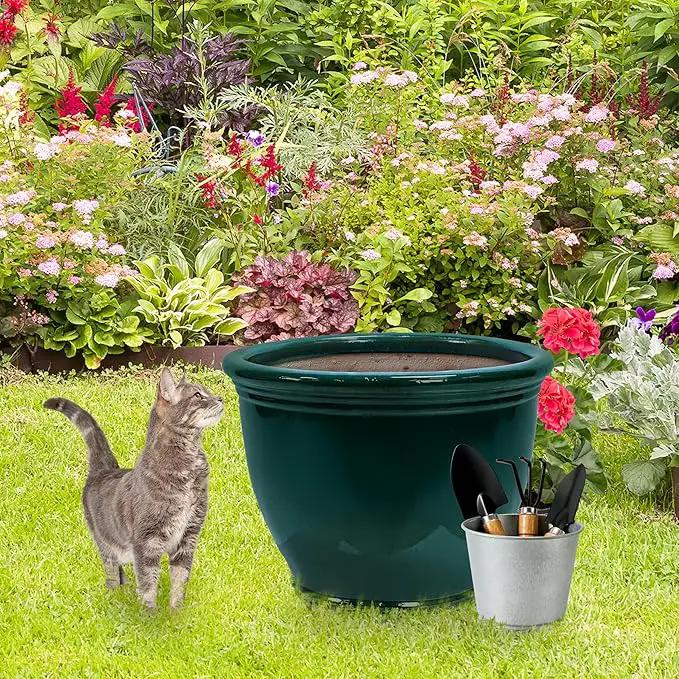 Sunnydaze Studio Large Ceramic Plant Pot - Round Outdoor Glazed Ceramic Planter Pot with Drainage - Dark Green - 18.5 in by GreenHaven Gardens