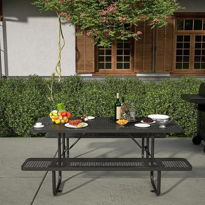 72'' Steel Rectangular Picnic Table for Outdoors, Expanded, Lifetime Picnic Table with Umbrella Hole, Heavy Duty Sturdy Commercial Picnic Tables for Garden Courtyard BBQ, Black by GreenHaven Gardens