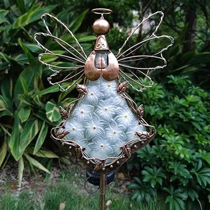 Angel Solar Lights Garden Stake Outdoor-38Inch Metal&Glass Solar Angel Stake Grave Decorations for Cemetery-Perfect as Angel Remembrance Gifts & Sympathy Gifts Decorations（Bronze） by GreenHaven Gardens