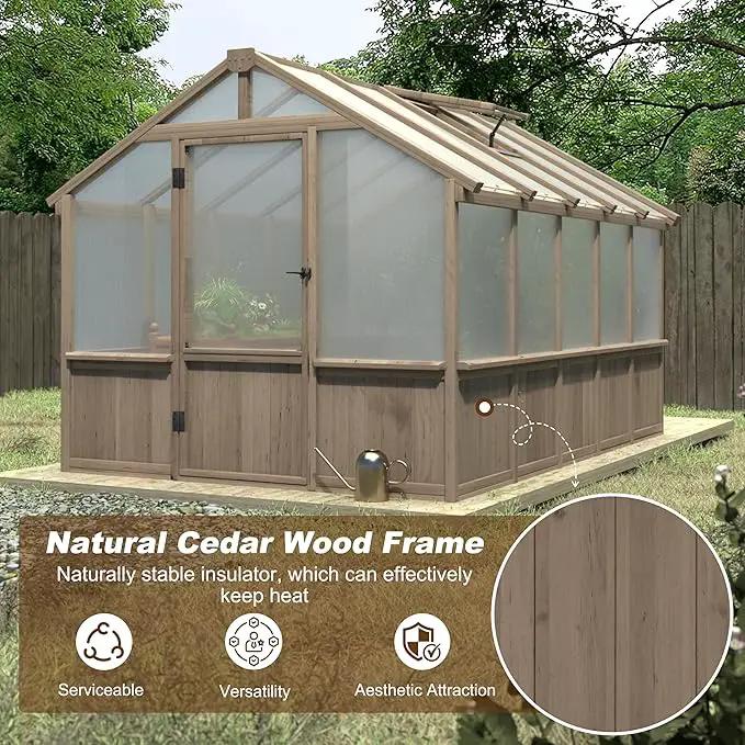 8x10 FT Greenhouse Kit with 6MM Thick Polycarbonate Panel for Outdoor, Wooden Walk-in Green House with Adjustable Roof Vent and Lockable Door, Backyard, Garden, Light Mocha Brown by GreenHaven Gardens