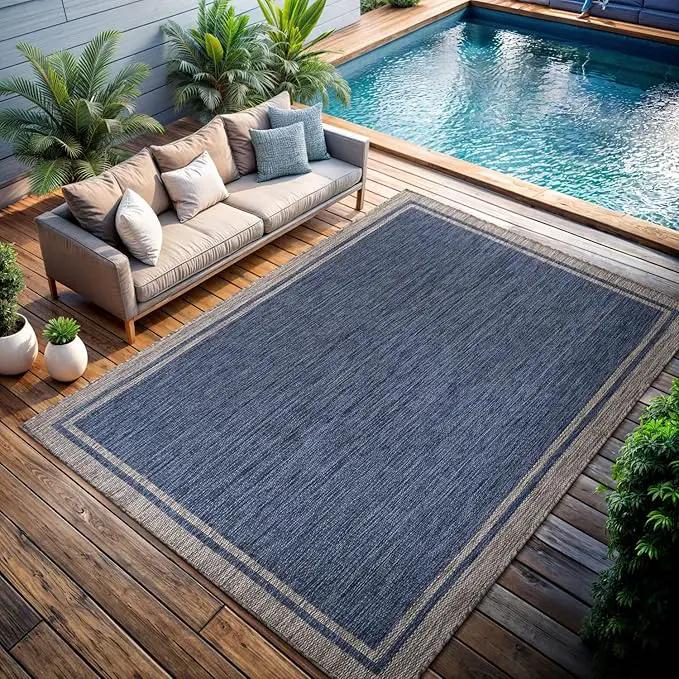 CAMILSON Outdoor Rug, 8x10 Bordered Navy Blue Gray Modern Area Rugs for Indoor and Outdoor Patios, Porches Waterproof Washable Porch Deck Outside Carpet (Bordered Navy, 8 x 10) by GreenHaven Gardens