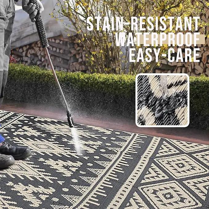 OLANLY Outdoor Rug Waterproof 4x6 ft, Reversible Outdoor Plastic Straw Rug, Boho Patio Rug, Indoor Outdoor Carpet, RV Mat Outside for Patio, Camp, Picnic, Balcony, Deck, Backyard, Black & Beige by GreenHaven Gardens