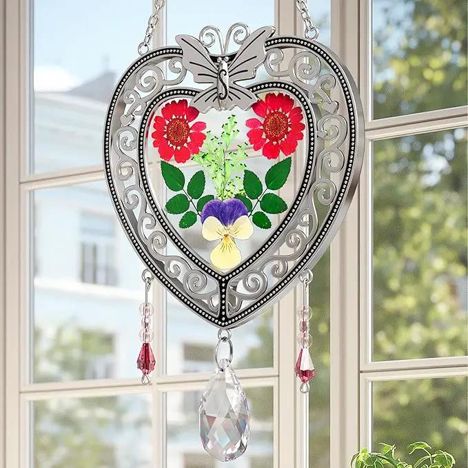 KY&BOSAM Heart Suncatcher Crystal Tree of Life Stained Glass Panles Real Flower Hangings for Windows Home Garden Outside Wind Chime Decor Birthday Gifts for Women Mother`s Day Christmas Ornament by GreenHaven Gardens