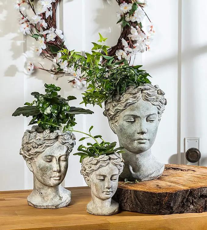 Abbott Collection Goddess Head Planter - Extra Small Cement Indoor and Outdoor Planter Pot - Grecian Woman Statue Head Planter for Flowers and Succulents (Grey, 2.75" Opening) by GreenHaven Gardens