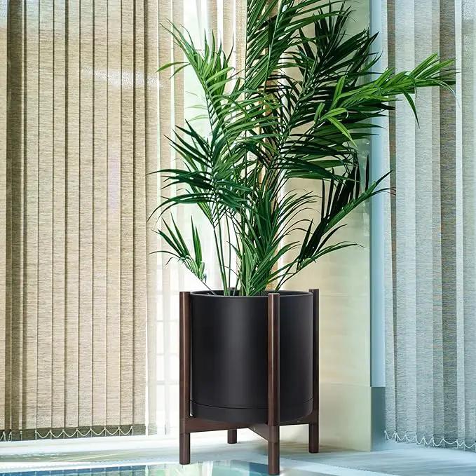 D'vine Dev Planter Pot with Stand - 16 Inch Plastic Cylinder Flower Pot with Wood Planter Holder for Indoor, Matte Black Pot + Walnut Color Stand, 55-C-X-2 by GreenHaven Gardens
