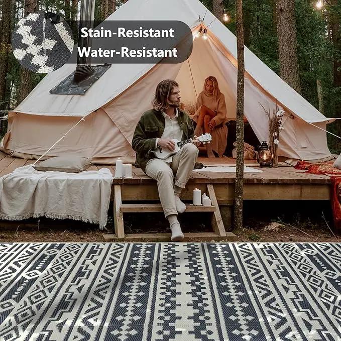 RV Waterproof Mat Outdoor Rugs 9'x12' for Patios Clearance Carpet Camping, Large Plastic Straw (9x12ft Geometric Boho Grey&White) by GreenHaven Gardens
