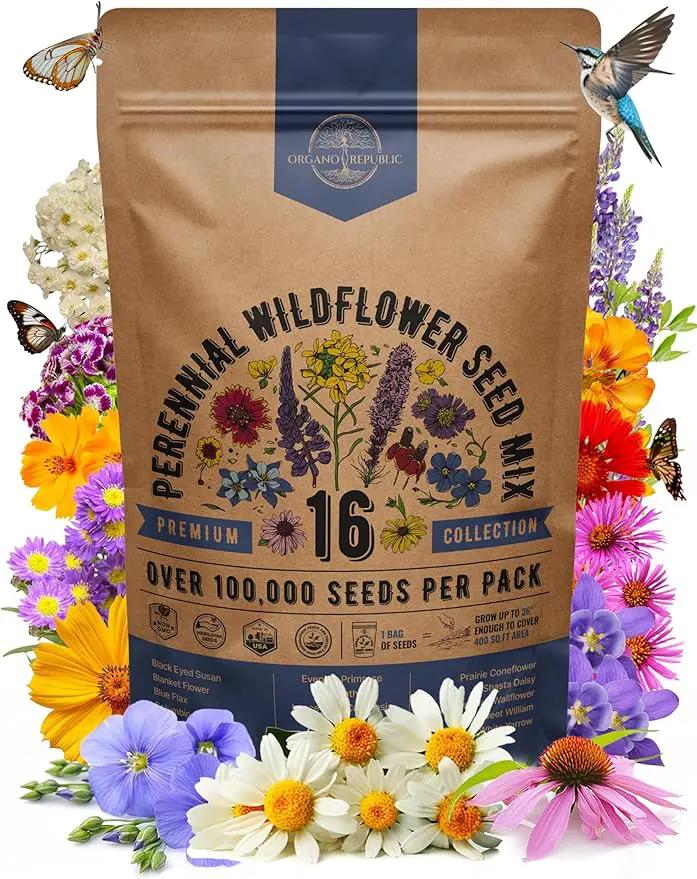 Organo Republic 16 Perennial Wildflower Seeds Mix for Indoor & Outdoors. 100,000+ Non-GMO, Heirloom Wildflower Garden Seeds, 4oz Packet for Growing Wild Flowers to Attract Bees, Butterflies & Birds by GreenHaven Gardens