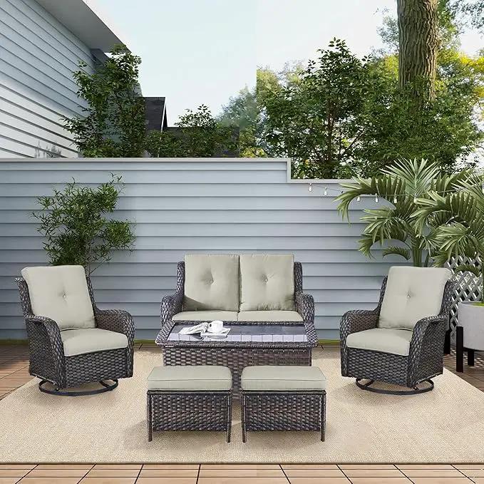 Wicker Outdoor Furniture Patio Furniture Set - 6 Piece Patio Conversation Set with Swivel Rocker Chairs, Loveseat Sofa, Ottomans and Coffee Table, Beige Cushion by GreenHaven Gardens