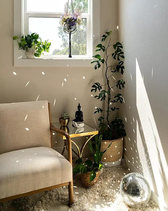 Hanging Disco Ball Planter 8" - with Acrylic Stand and Macrame Plant Hanger - Home Décor, Room Décor, Mirror Disco Planter, Disco Decor (10" with Base) by GreenHaven Gardens