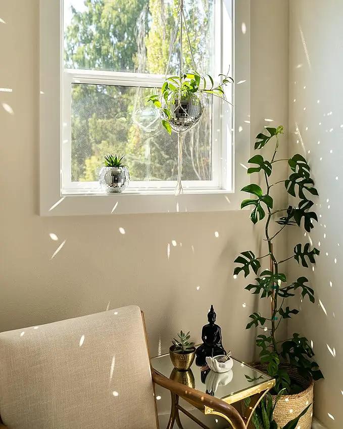 Hanging Disco Ball Planter 8" - with Acrylic Stand and Macrame Plant Hanger - Home Décor, Room Décor, Patio or Boho Décor, Mirror Disco Planter, Disco Decor (8" No Base) by GreenHaven Gardens