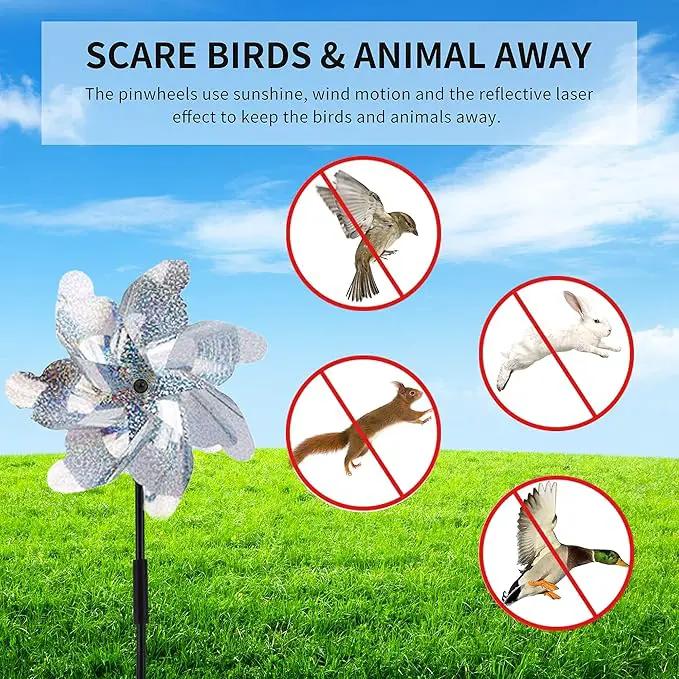 BATTIFE 12 Pack Pre-Assemble Sparkly Reflective Pinwheels | Silver Bird Blindness Pin Wheel | Scare Birds & Animals Away | Wind Spinner for Yard and Garden by GreenHaven Gardens