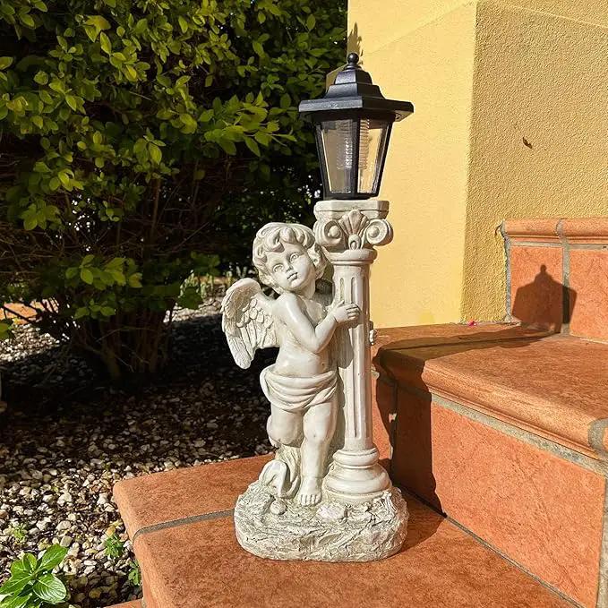 Angel Statue with Solar Lights (Left) 19.7 Inch, Outdoor Solar Angel Garden Statue with Roma Pillar for Garden Lawn Deocr, Christian Religious Gift by GreenHaven Gardens