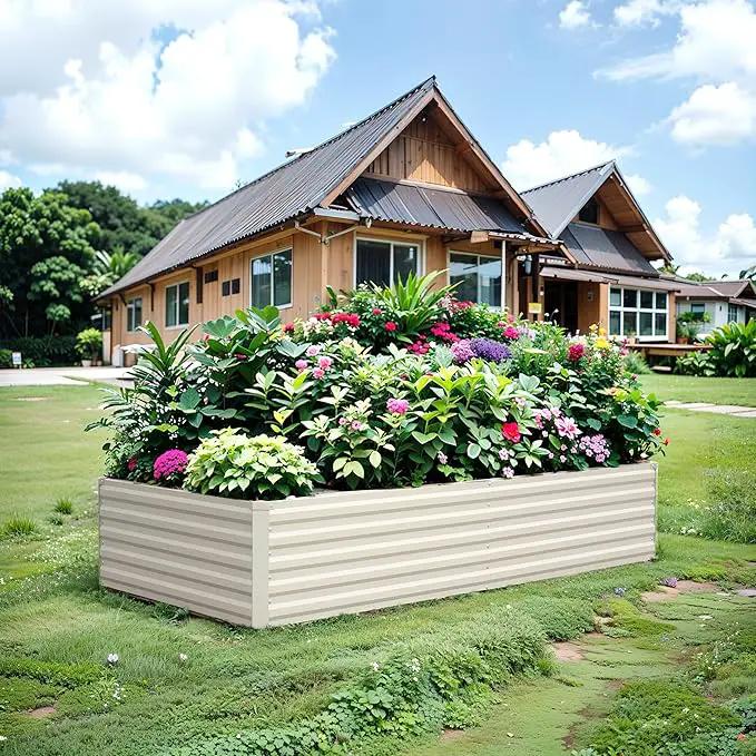 Raised Garden Bed 8×4×1.5FT, Galvanized Raised Garden Beds Outdoor for Vegetables Flowers Herbs, Large Deep Root Planter Box, Tall Raised Garden Bed with 3ftx30ft Weed Barrier Fabric, Beige by GreenHaven Gardens